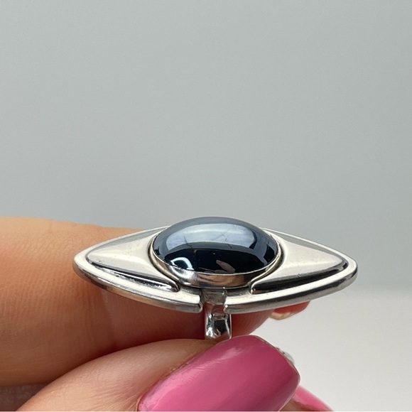 VINTAGE Anson Cufflinks Blue Grey Cabochon Silver Tone Eye Shaped Chunky Signed - Picture 7 of 8